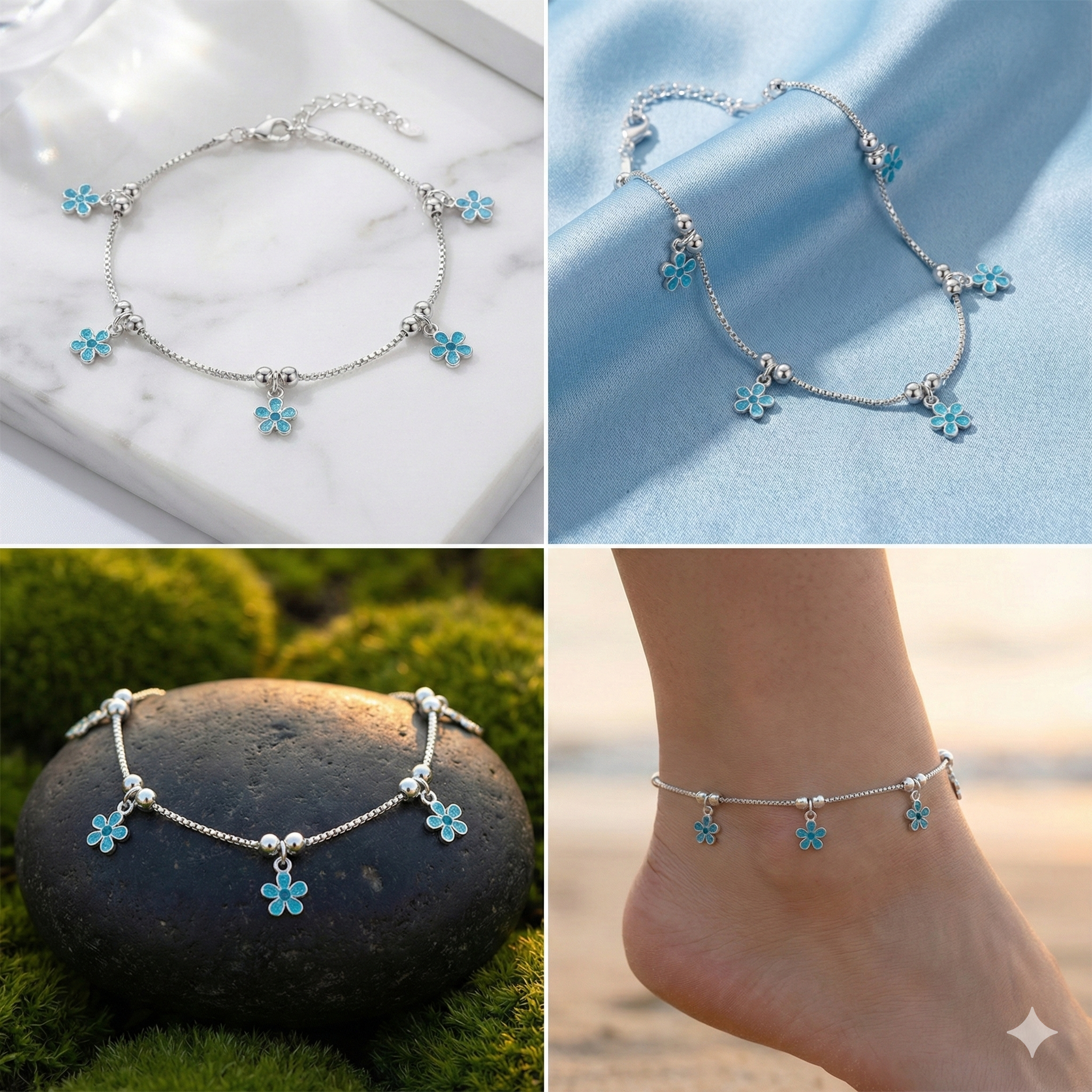 Blue Floral Charm Silver Anklet thumbnail 2