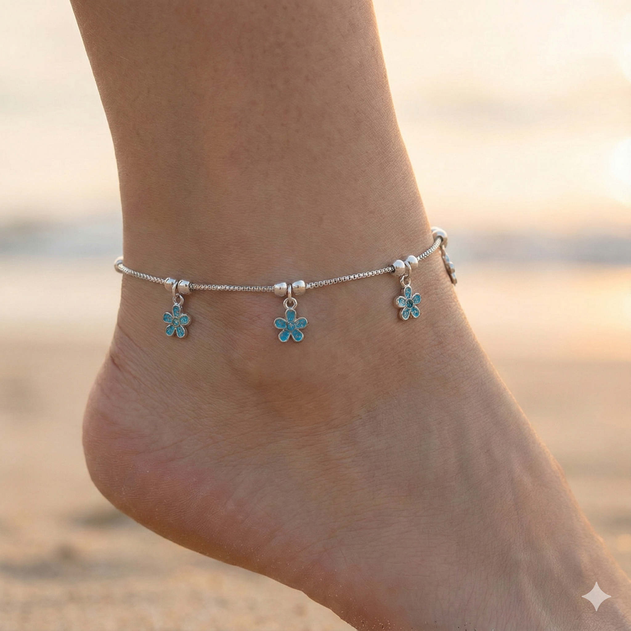 Blue Floral Charm Silver Anklet thumbnail 1