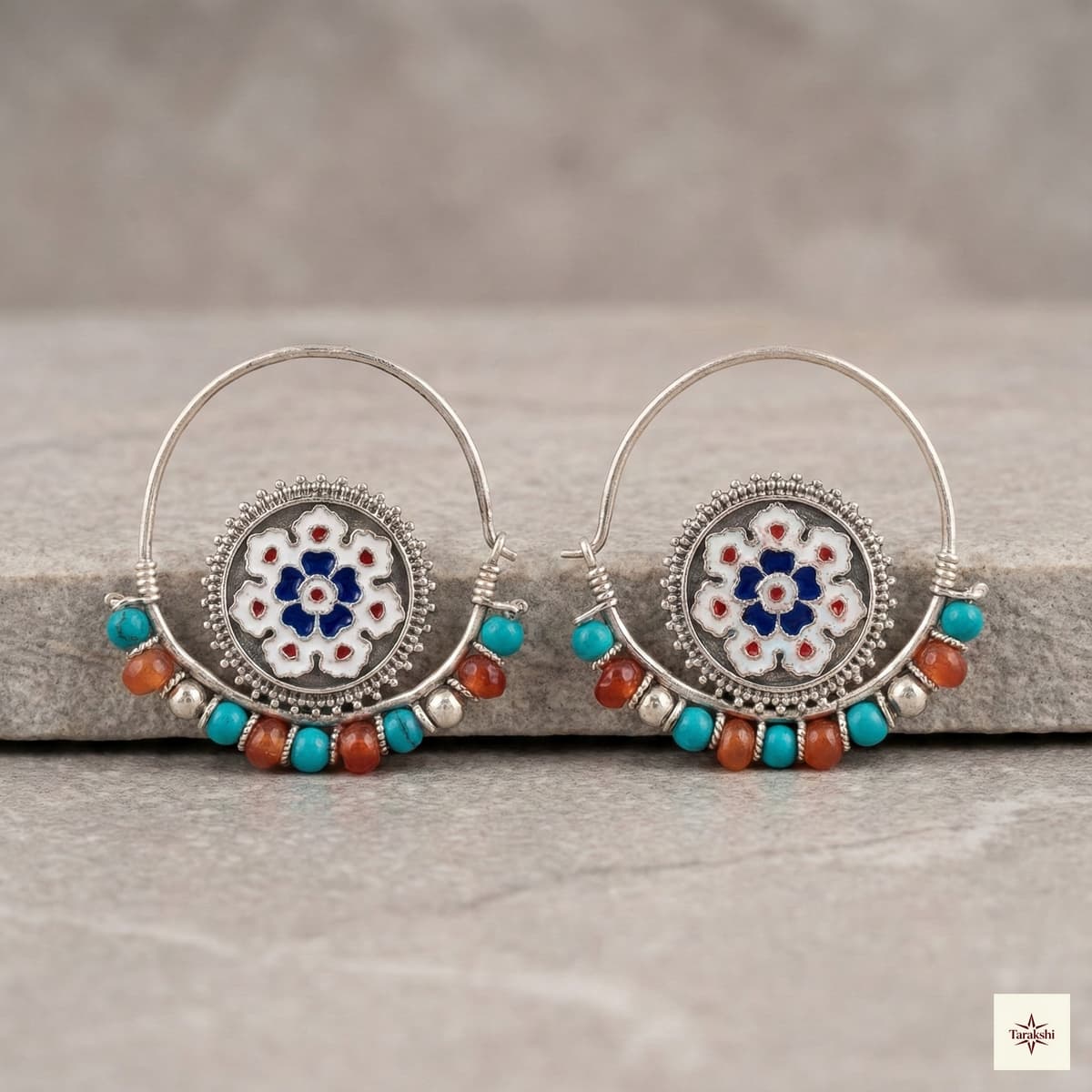 Enamel & Stone Bead Fusion Hoop Earrings image 1