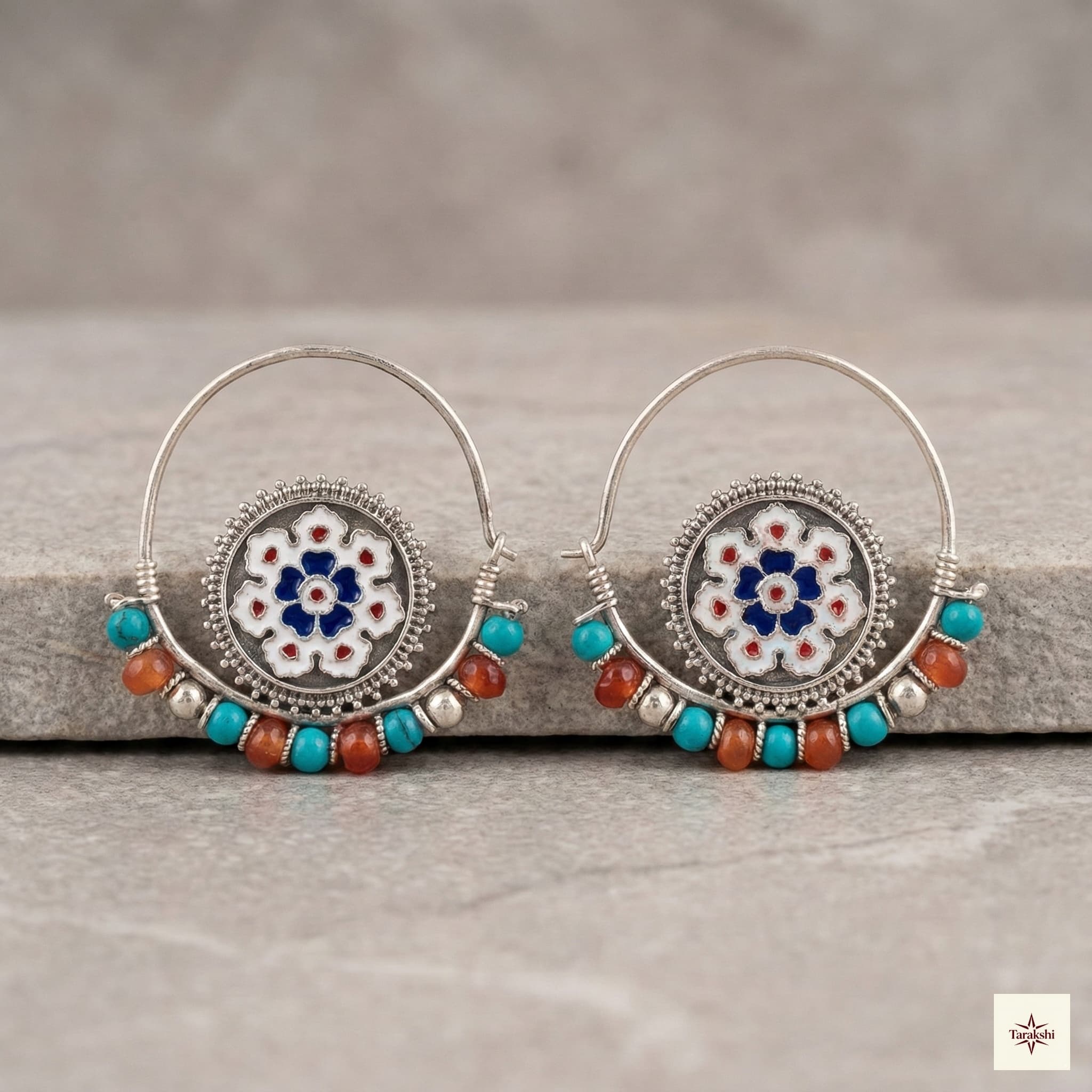 Enamel & Stone Bead Fusion Hoop Earrings