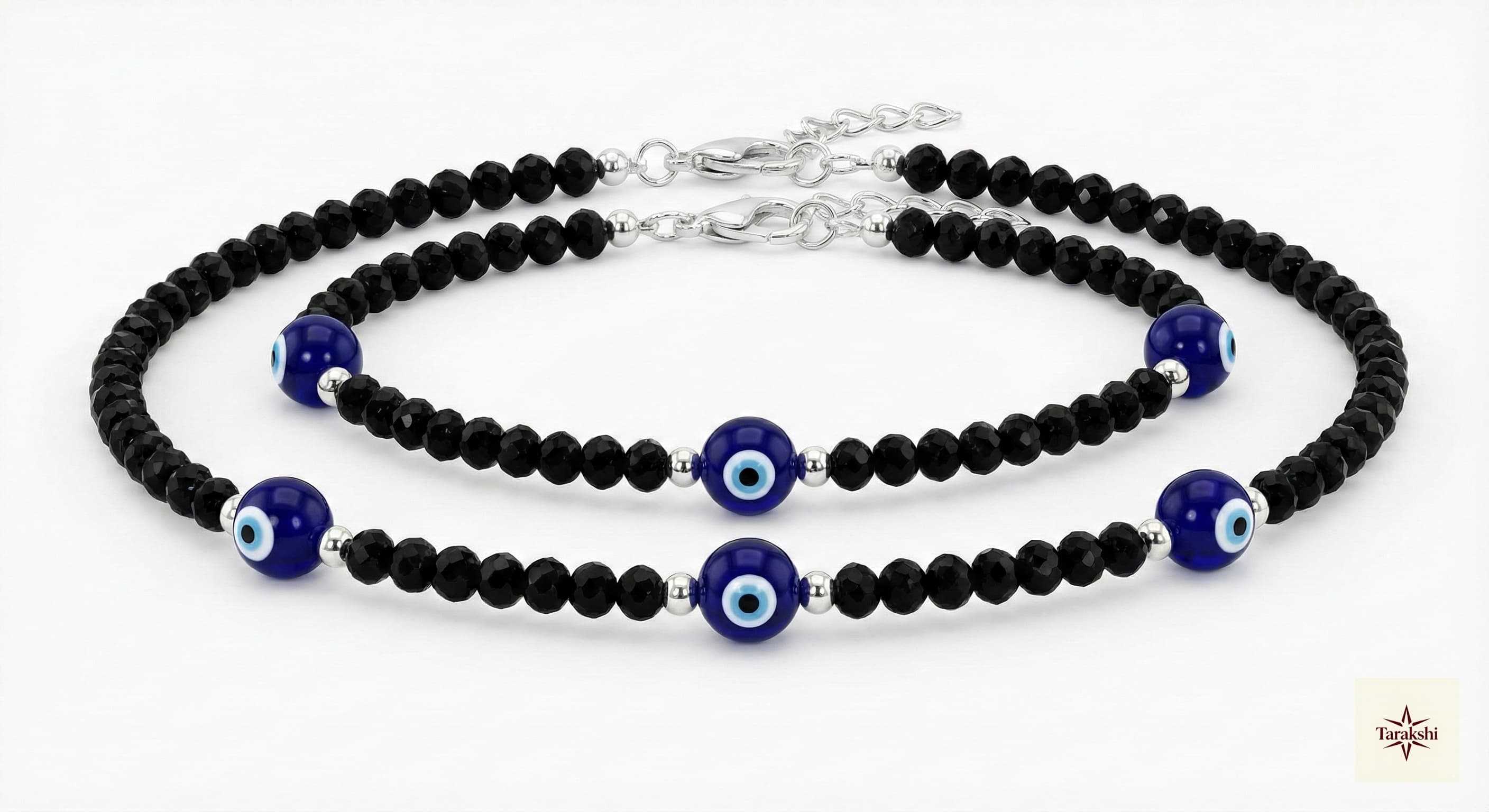 Evil Eye Black Bead Silver Nazariya Anklet (Pair)