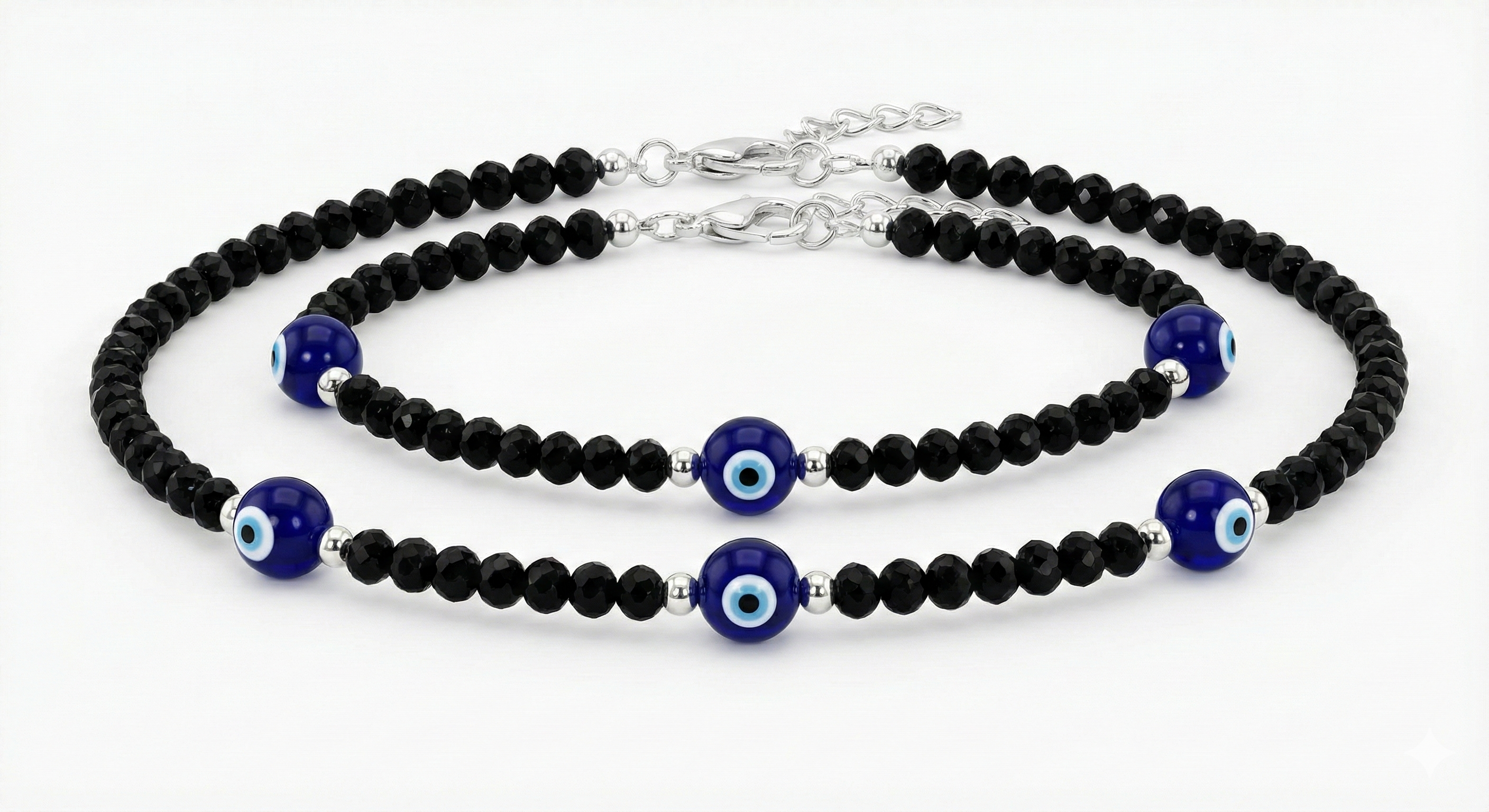Evil Eye Black Bead Silver Nazariya Anklet (Pair) image 1