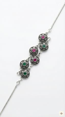 Floral Silver Anklet with Red and Green Stones thumbnail 1