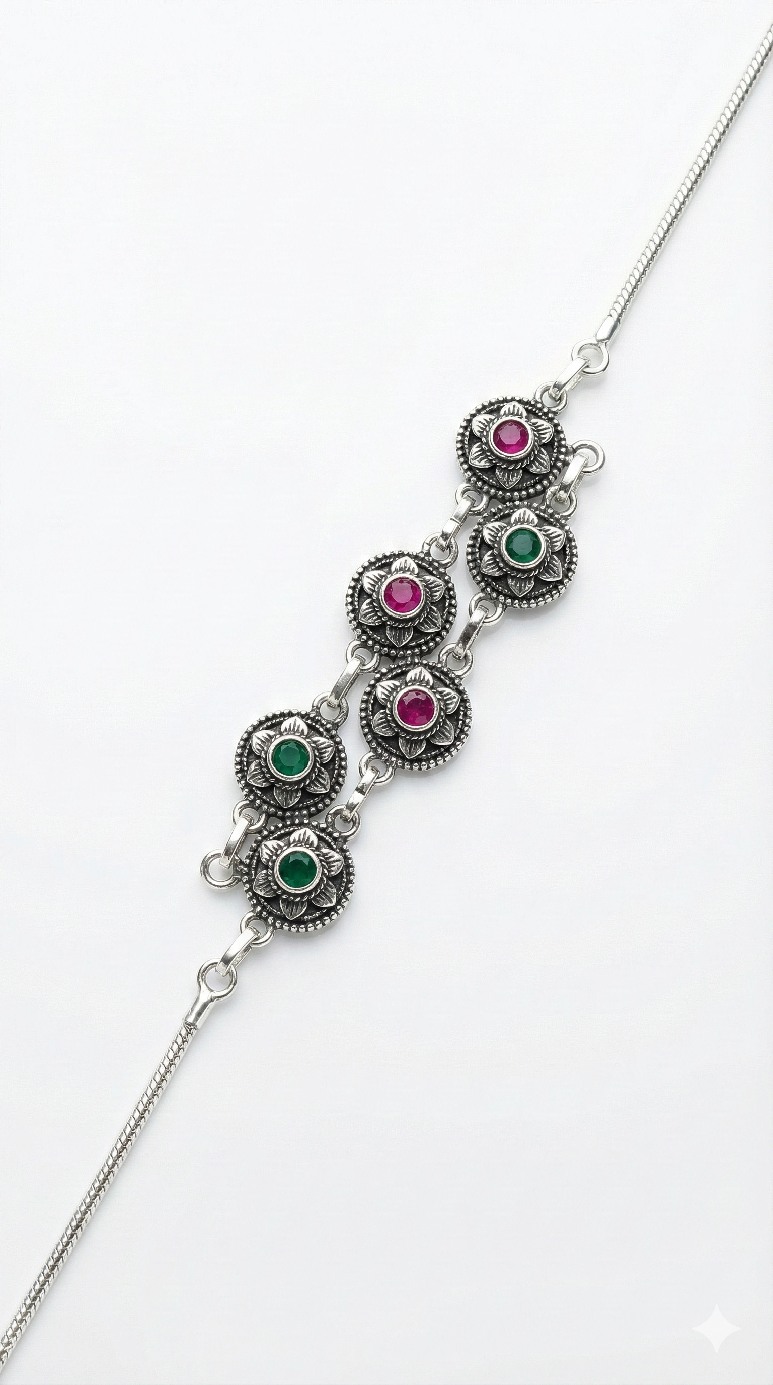 Floral Silver Anklet with Red and Green Stones