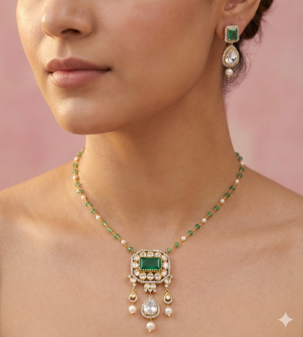 Gold Plated Emerald & Polki Fusion Necklace thumbnail 3