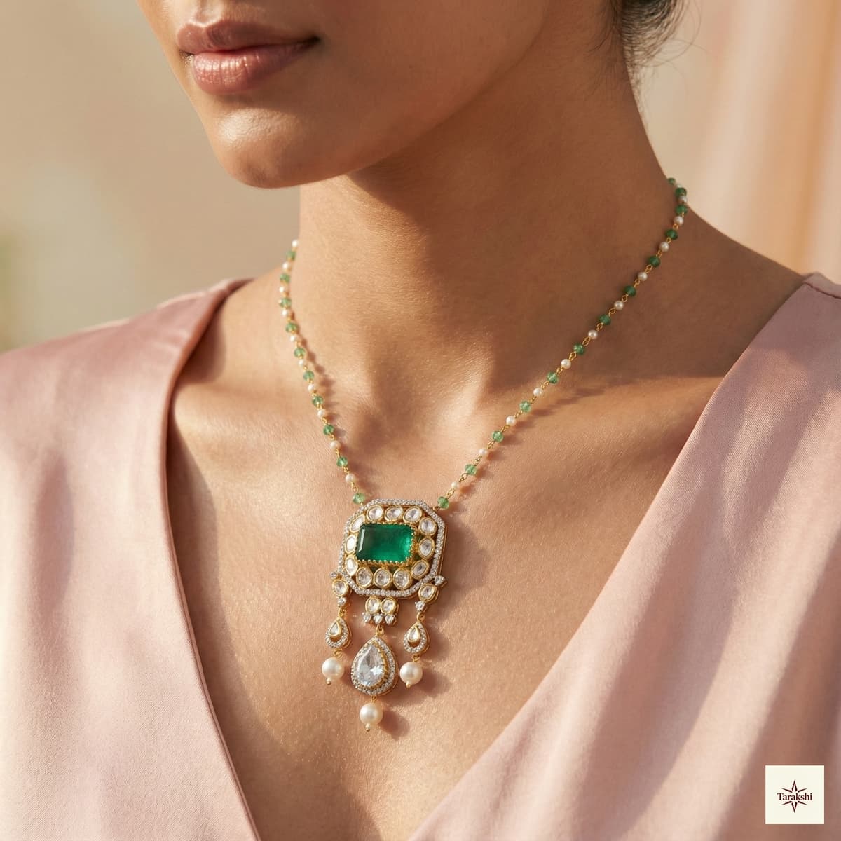 Gold Plated Emerald & Polki Fusion Necklace image 1