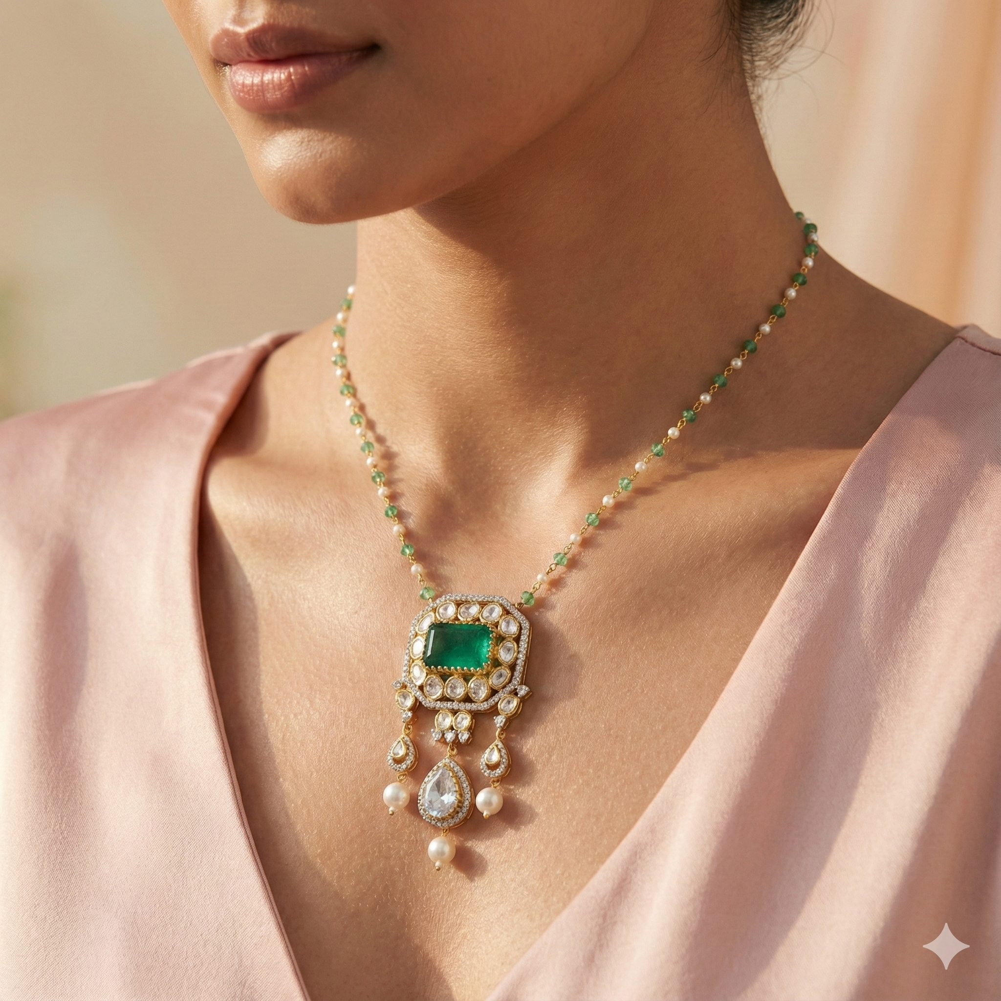 Gold Plated Emerald & Polki Fusion Necklace