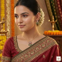 Gold Plated Floral Necklace with Ruby & Green Beads thumbnail 2