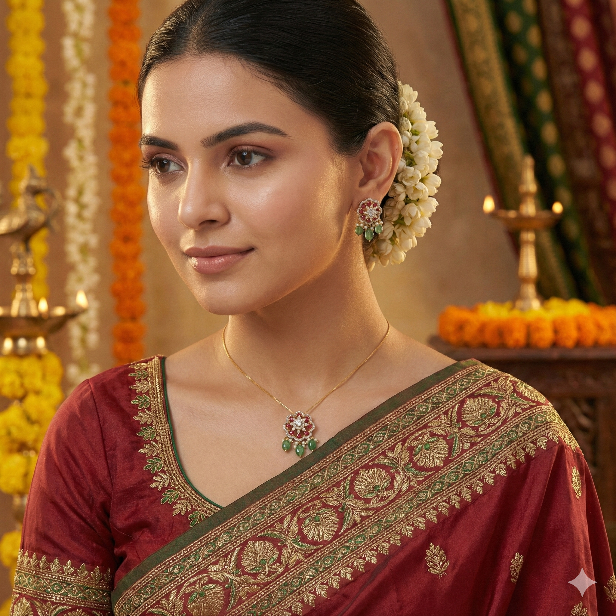 Gold Plated Floral Necklace with Ruby & Green Beads thumbnail 2