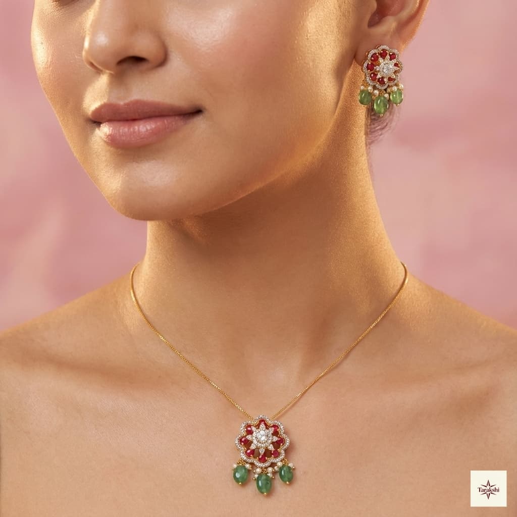 Gold Plated Floral Necklace with Ruby & Green Beads image 1