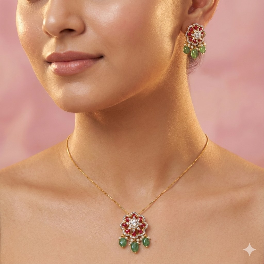 Gold Plated Floral Necklace with Ruby & Green Beads image 1
