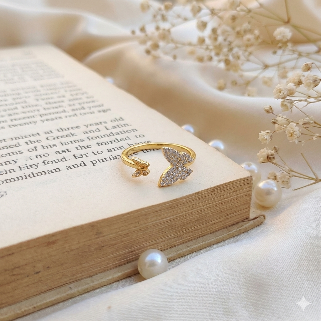 Gold Plated Moissanite Double Butterfly Open Ring