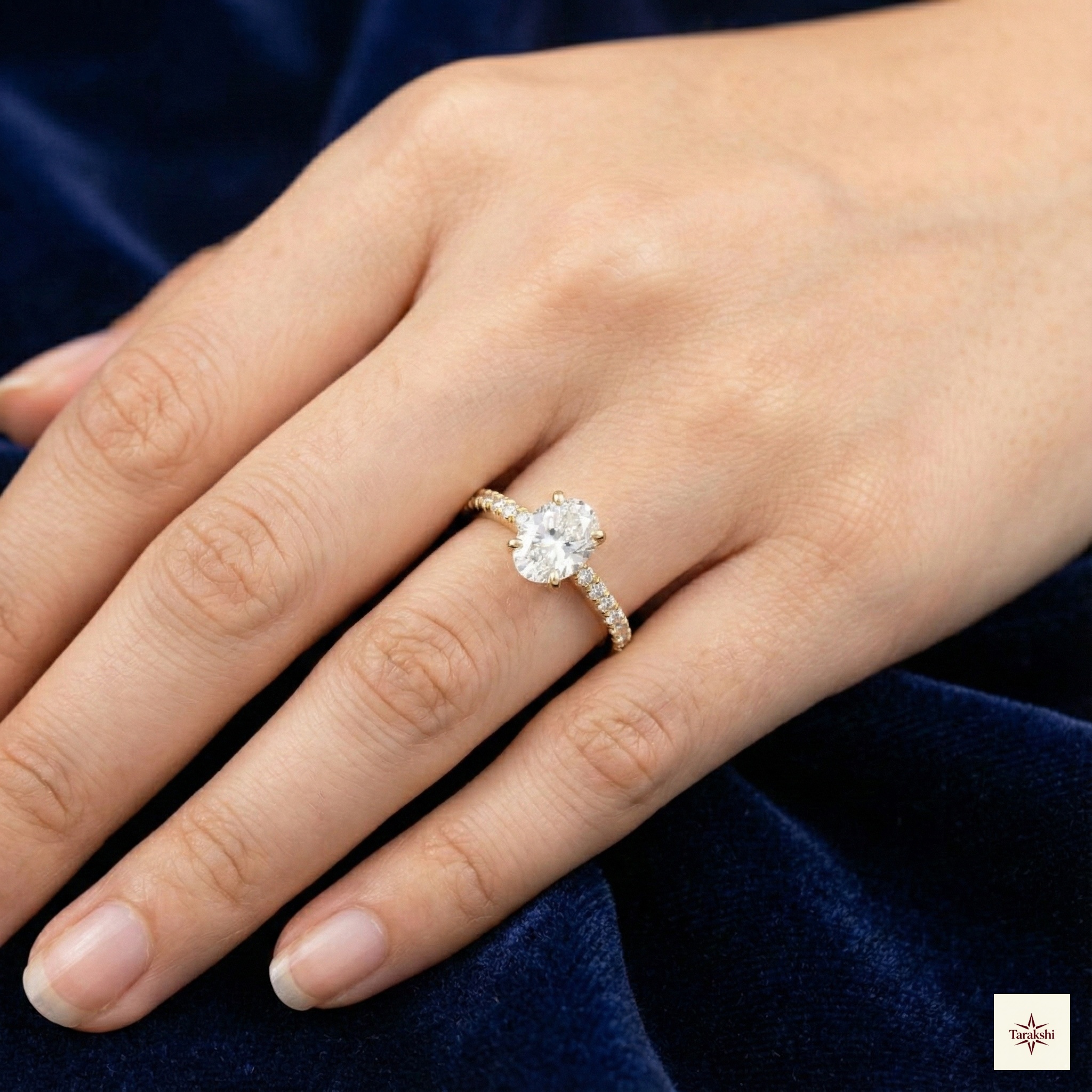 Gold Plated Oval Solitaire Ring with Pave Band