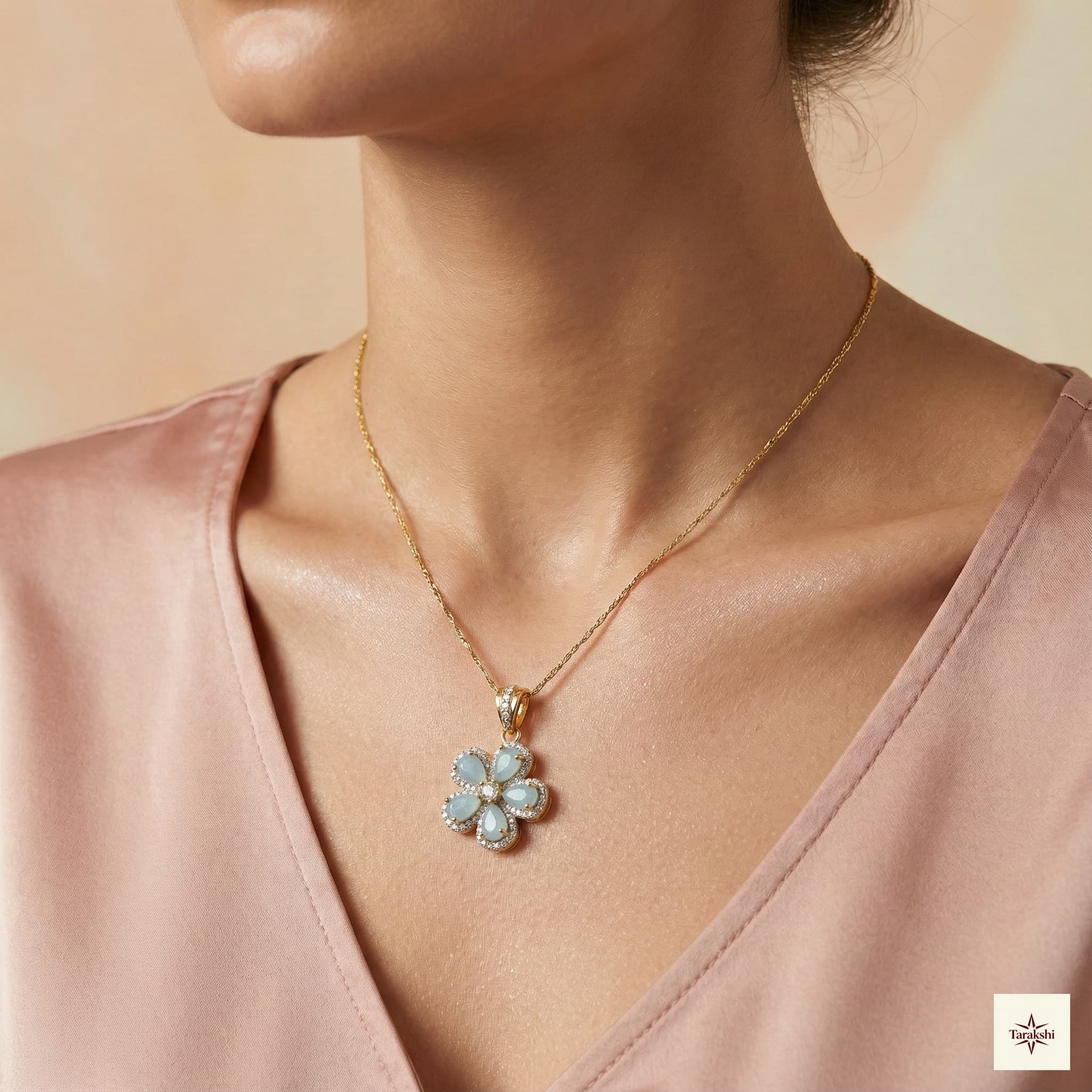 Gold Plated Pastel Blue Floral Pendant Necklace