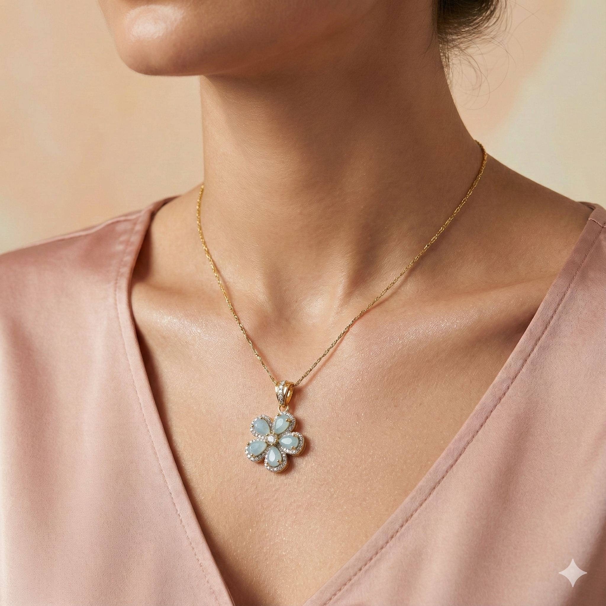 Gold Plated Pastel Blue Floral Pendant Necklace thumbnail 1