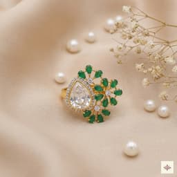 Gold Plated Pear & Emerald Floral Statement Ring thumbnail 1