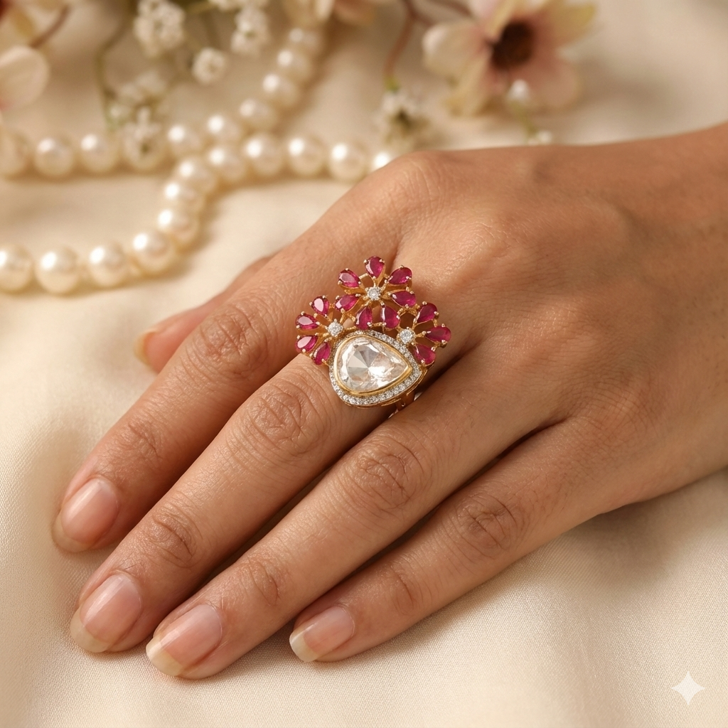 Gold Plated Pear & Ruby Floral Statement Ring thumbnail 2