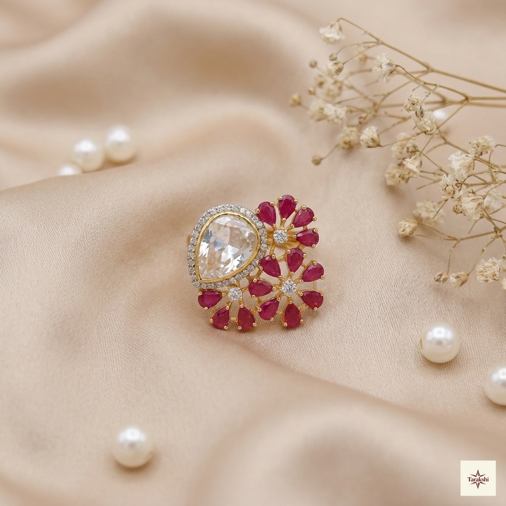 Gold Plated Pear & Ruby Floral Statement Ring