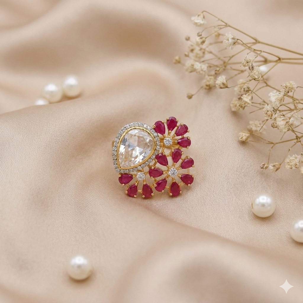 Gold Plated Pear & Ruby Floral Statement Ring image 1