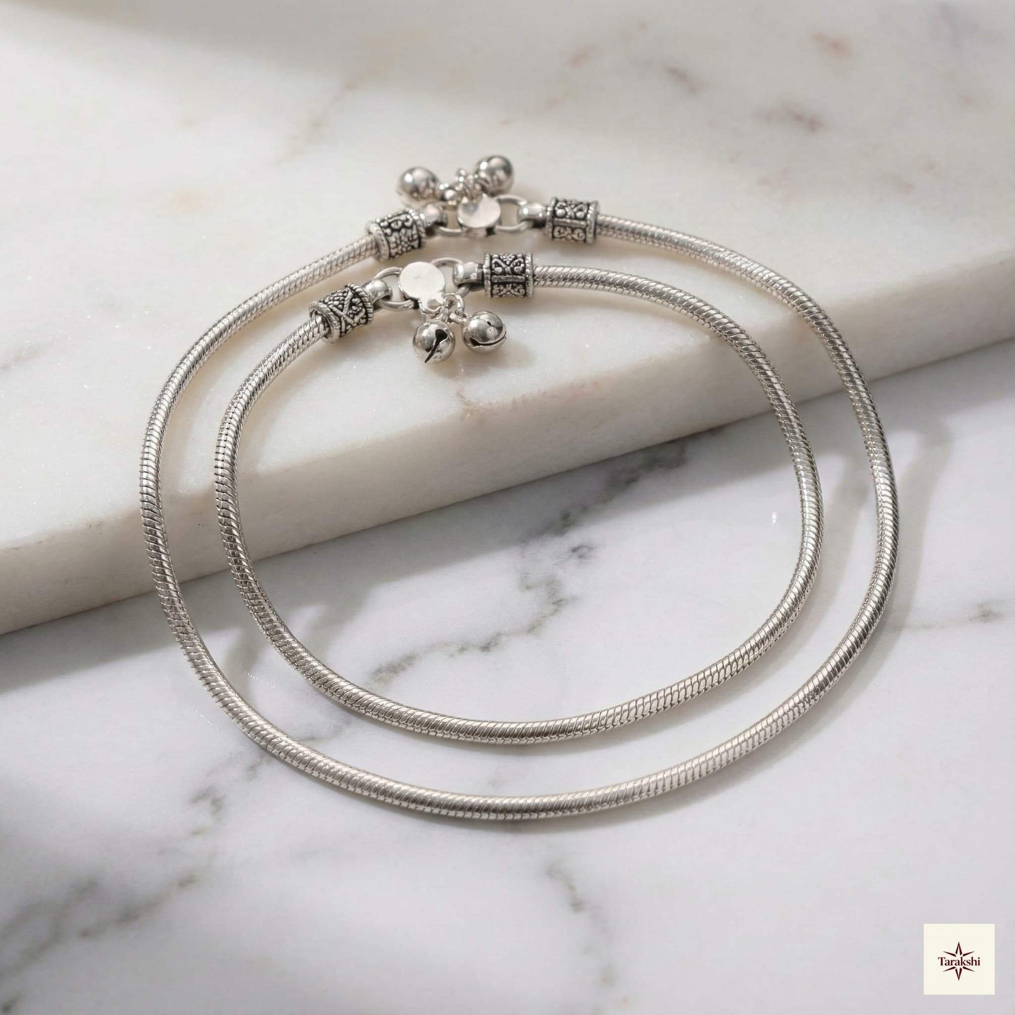 Heavy Silver Snake Chain Anklet with Ghungroos (Pair)