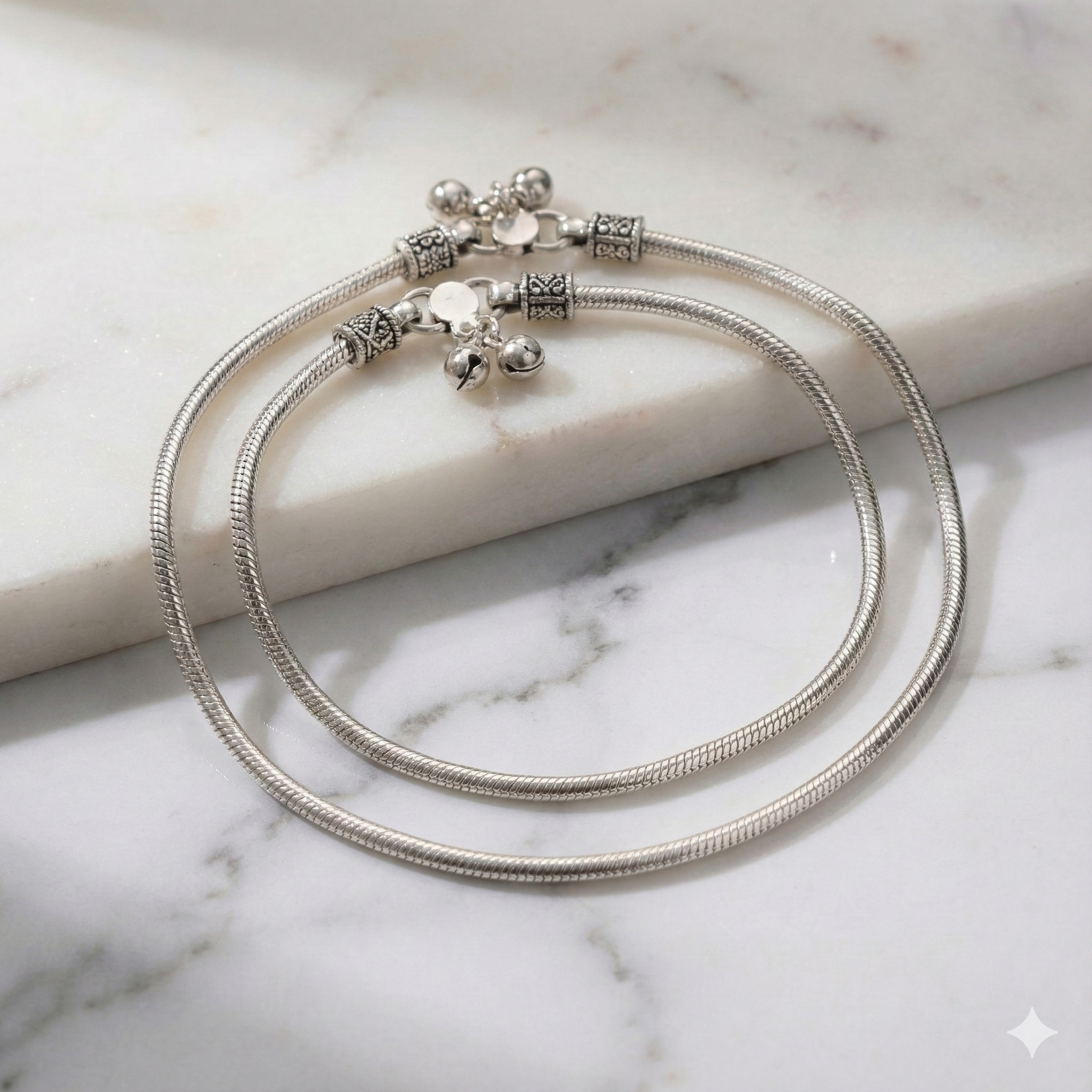 Heavy Silver Snake Chain Anklet with Ghungroos (Pair)