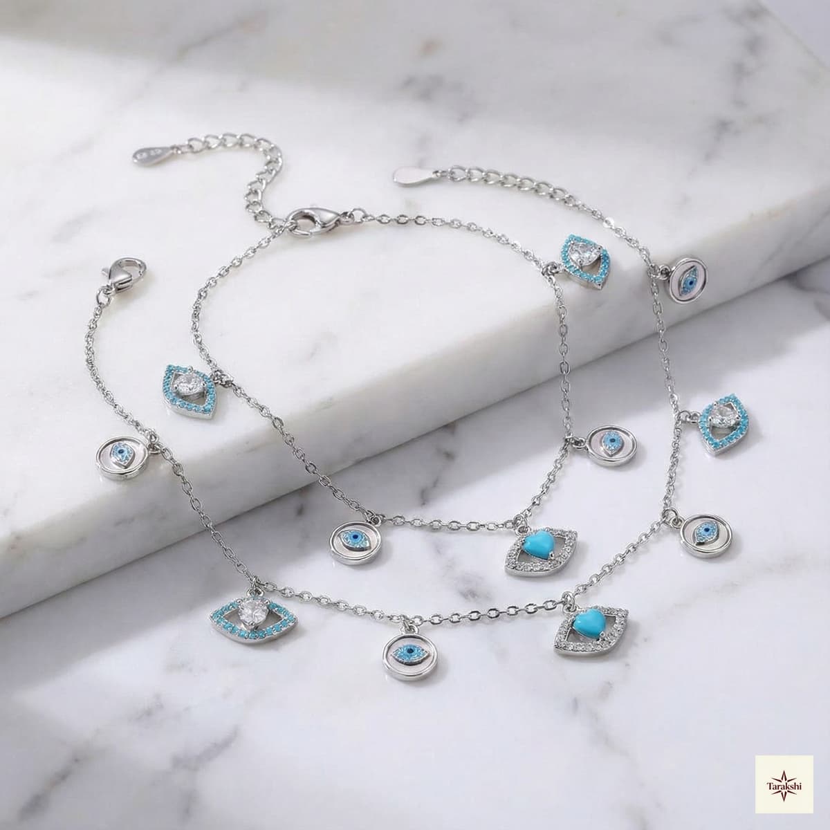 Layered Silver Evil Eye Charm Anklet image 1