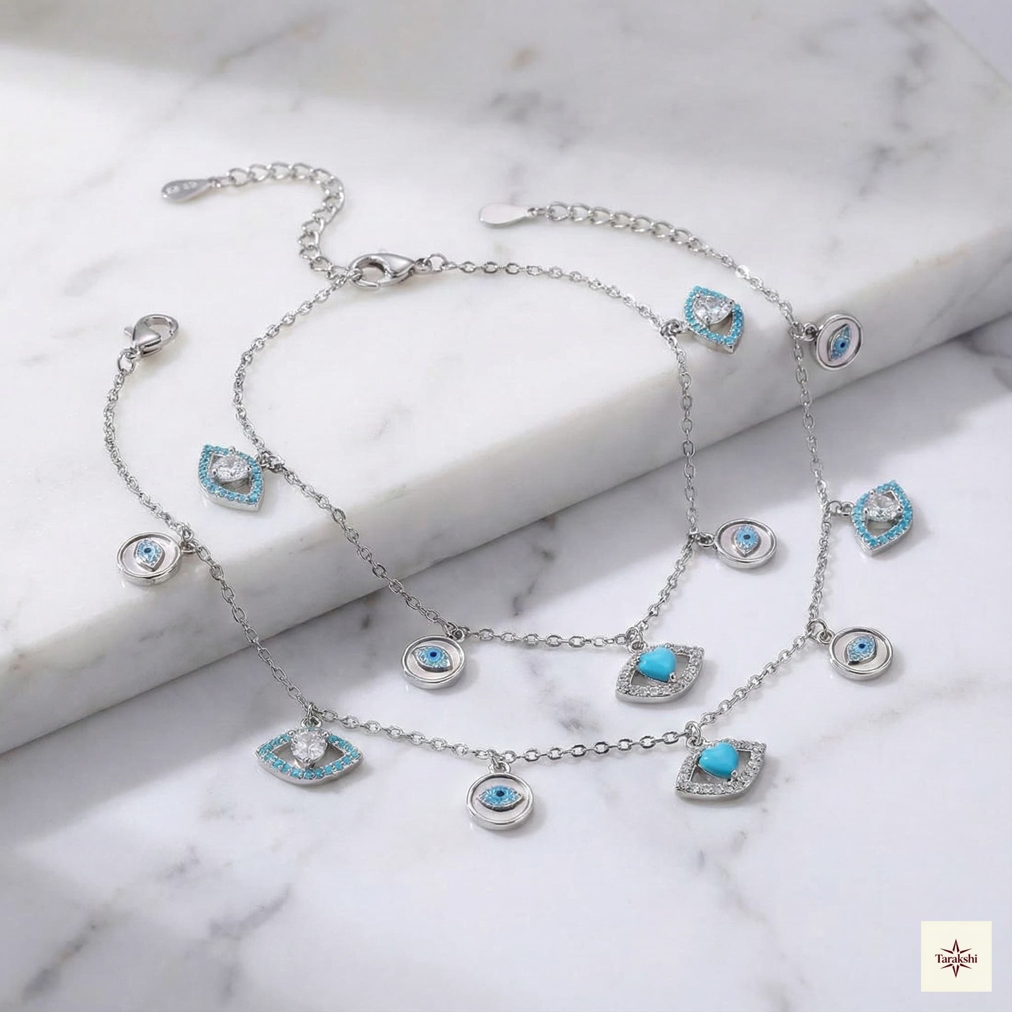 Layered Silver Evil Eye Charm Anklet