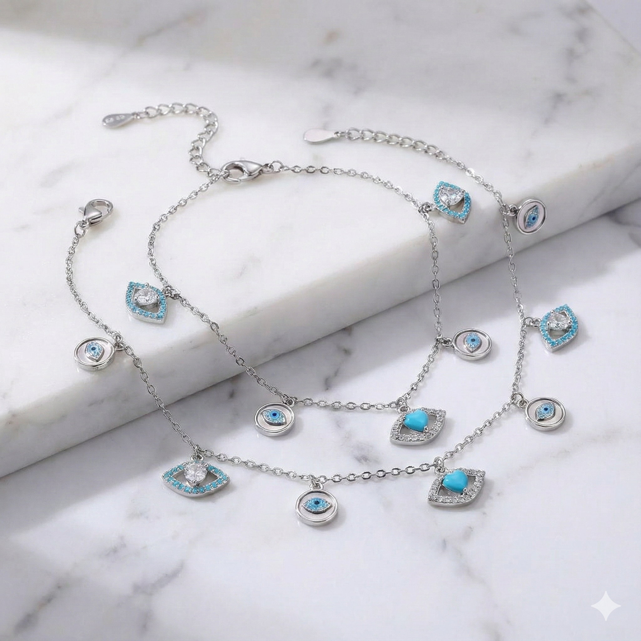 Layered Silver Evil Eye Charm Anklet image 1