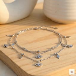 Layered Silver Evil Eye & Geometric Charm Anklet thumbnail 2