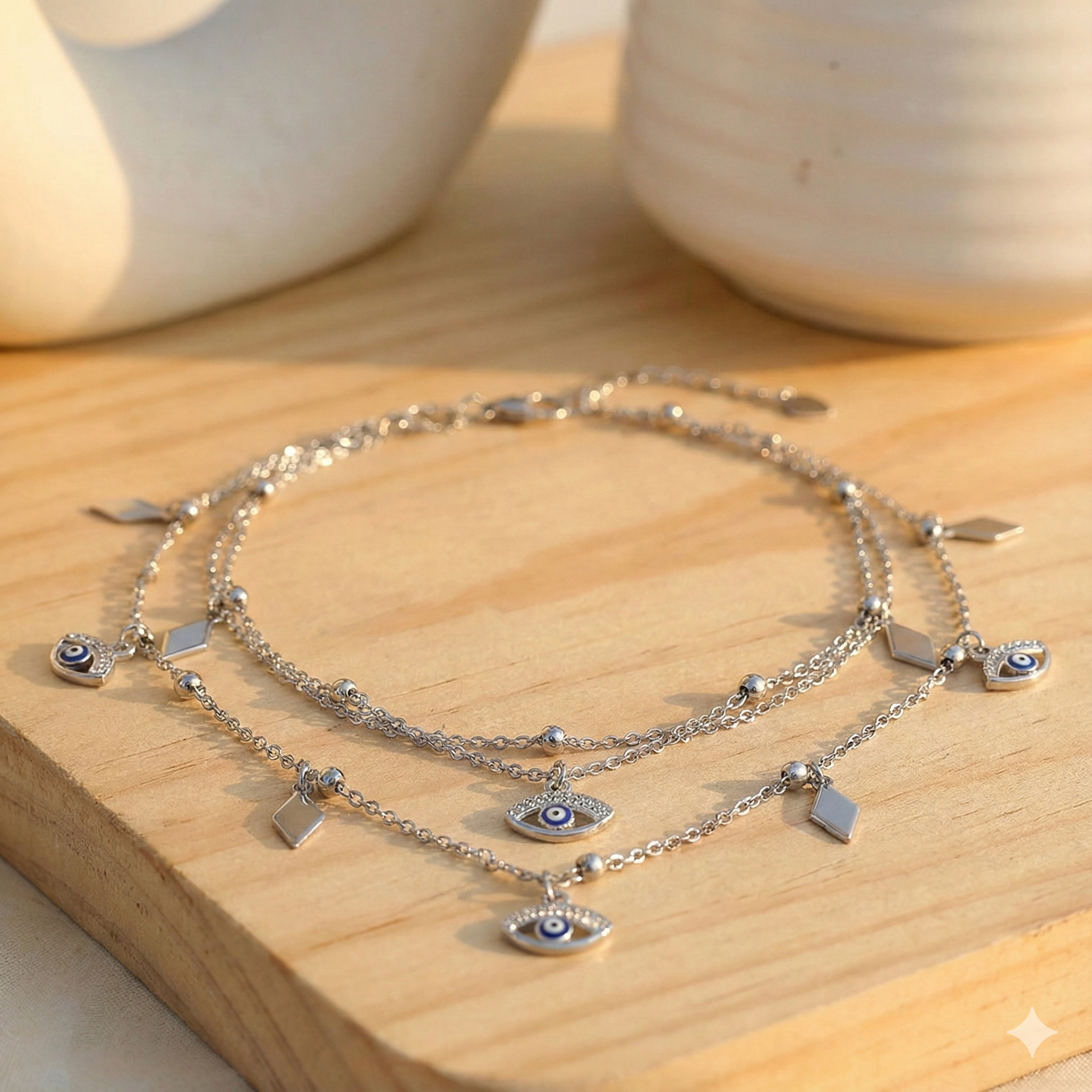 Layered Silver Evil Eye & Geometric Charm Anklet thumbnail 2