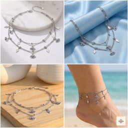 Layered Silver Evil Eye & Geometric Charm Anklet thumbnail 3