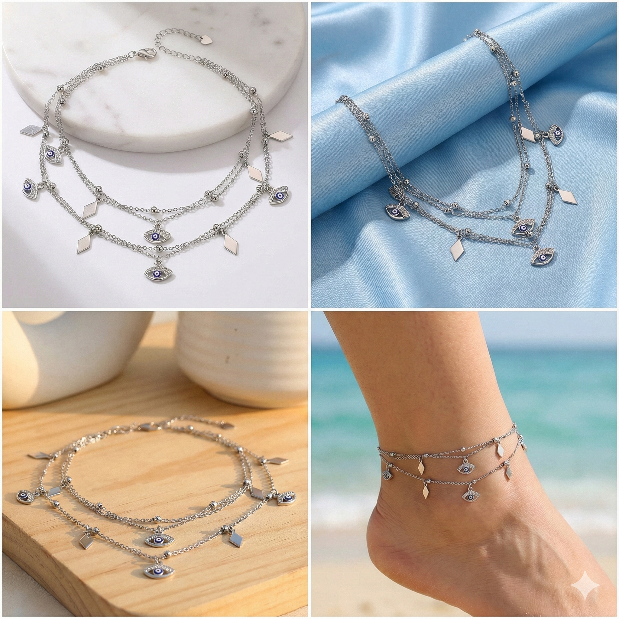 Layered Silver Evil Eye & Geometric Charm Anklet thumbnail 3