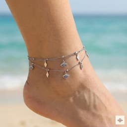 Layered Silver Evil Eye & Geometric Charm Anklet thumbnail 1