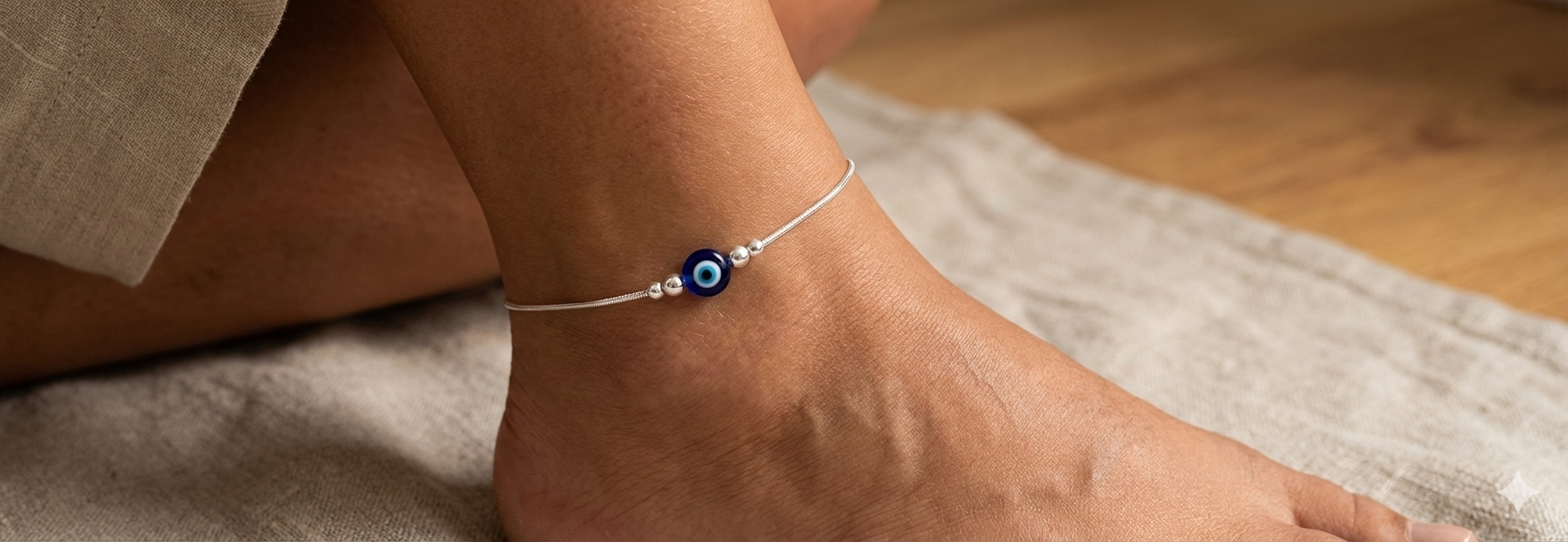 Minimalist Snake Chain Evil Eye Silver Anklet thumbnail 2