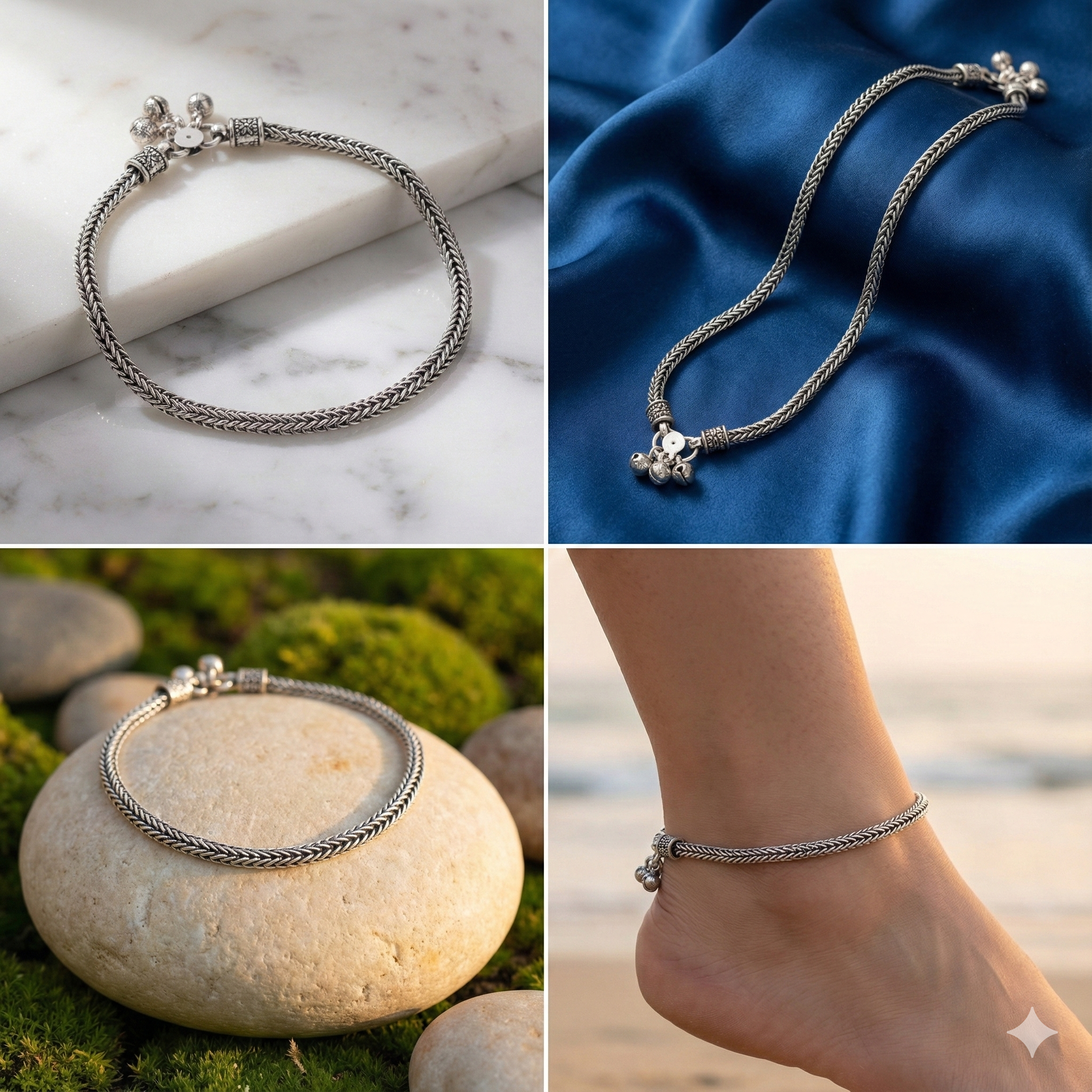 Oxidized Silver Braided Chain Anklet with Ghungroos thumbnail 2