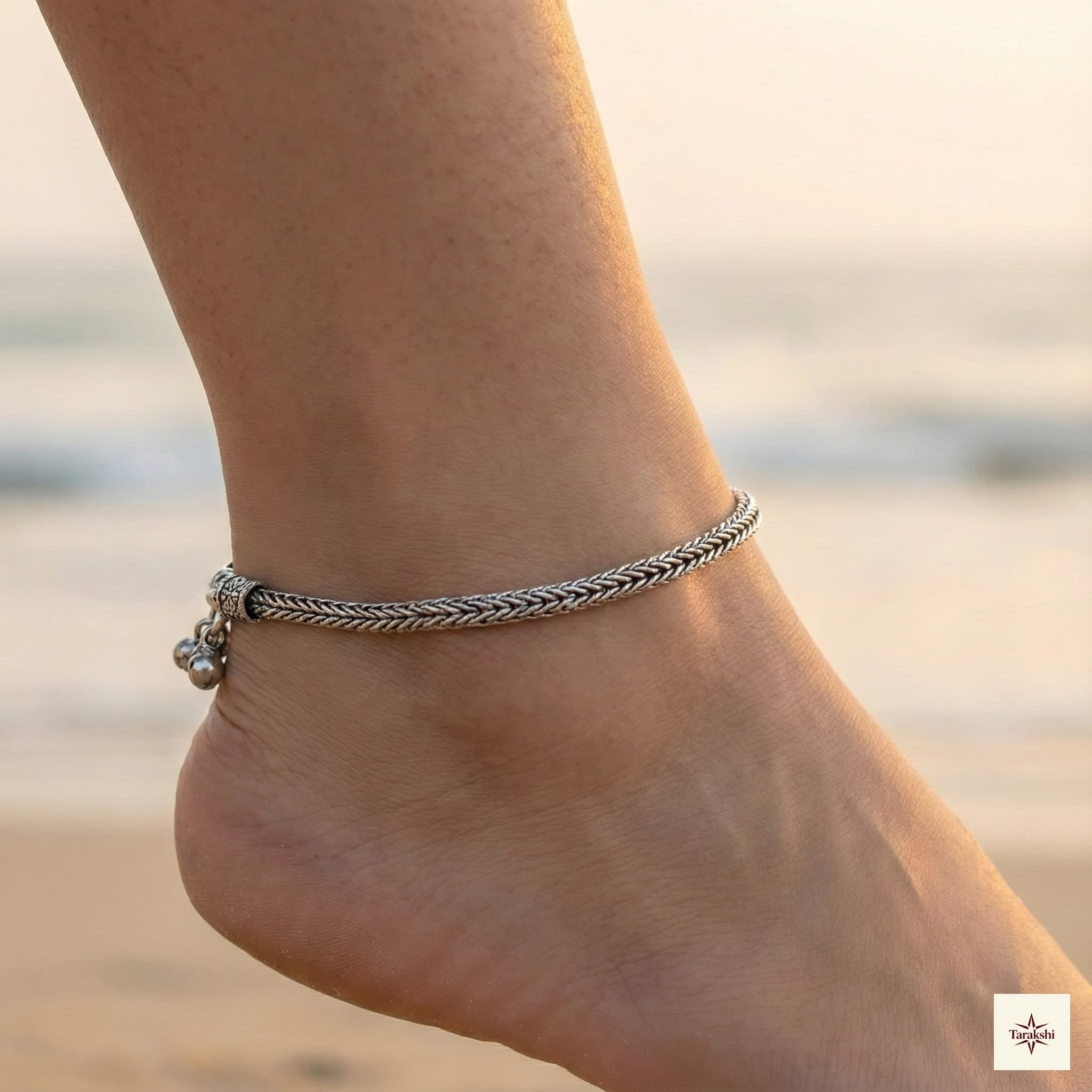 Oxidized Silver Braided Chain Anklet with Ghungroos