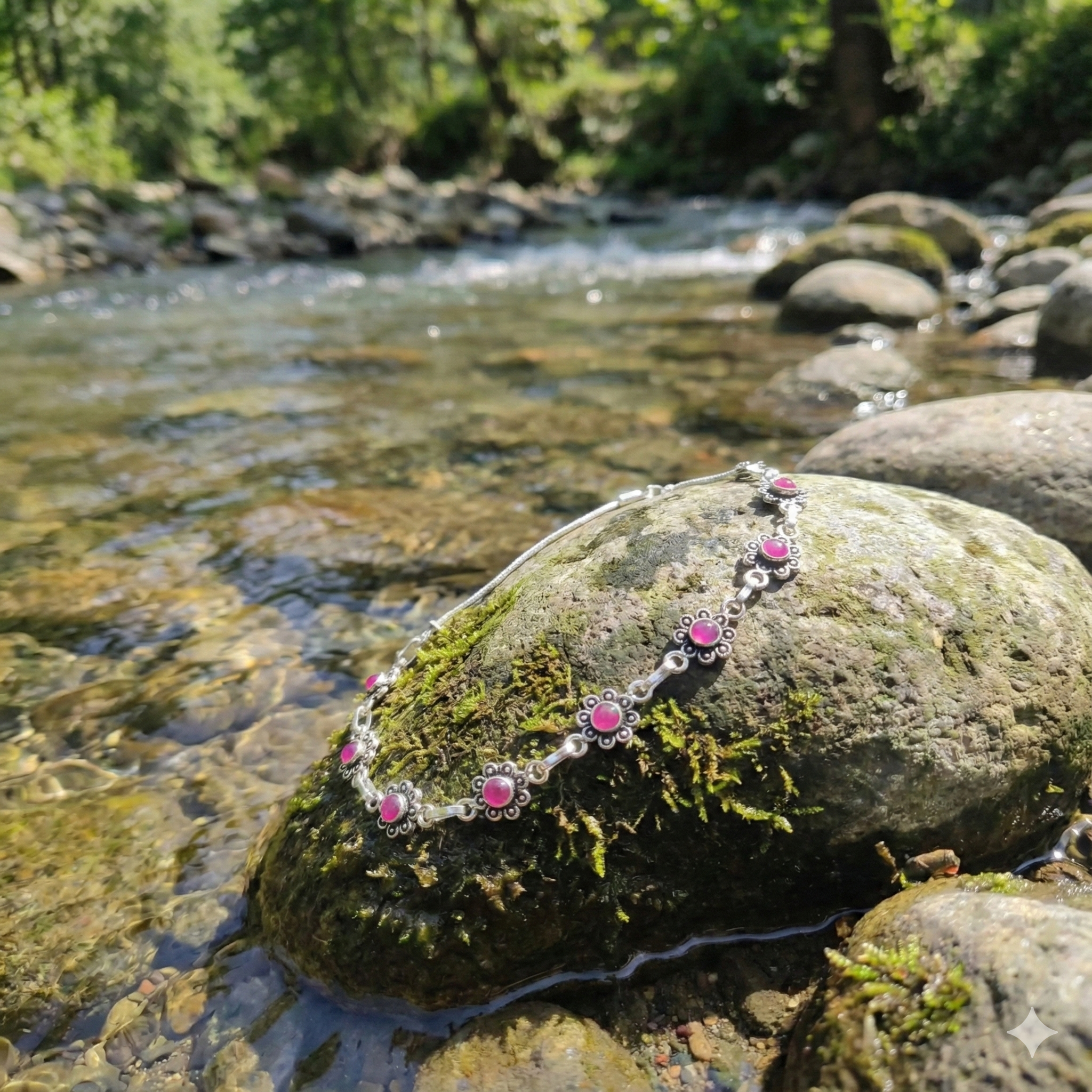Oxidized Silver Pink Floral Motif Anklet thumbnail 2