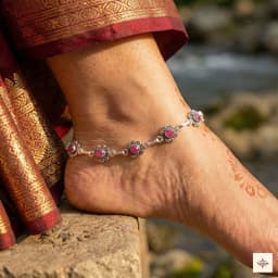 Oxidized Silver Pink Floral Motif Anklet thumbnail 1