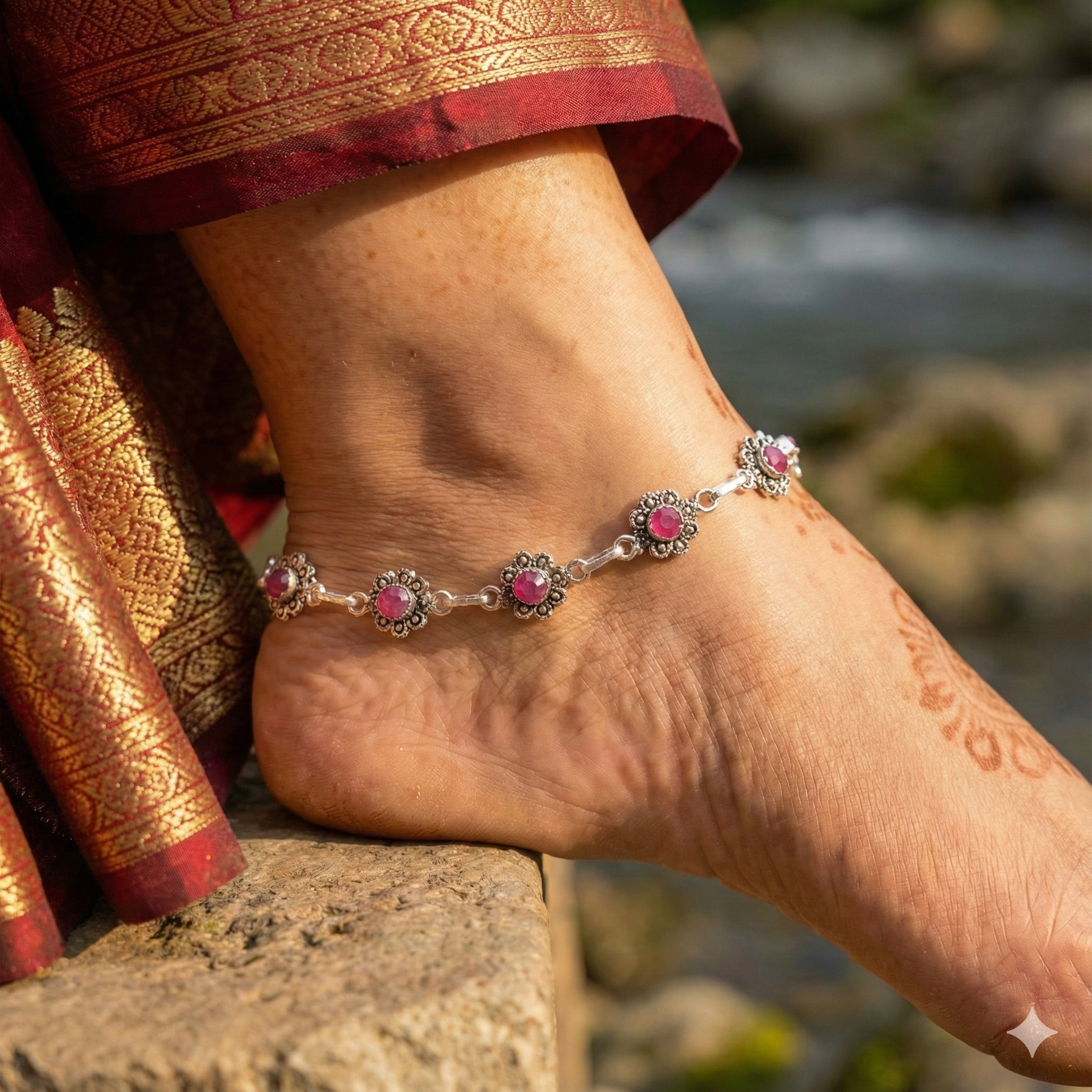 Oxidized Silver Pink Floral Motif Anklet thumbnail 1