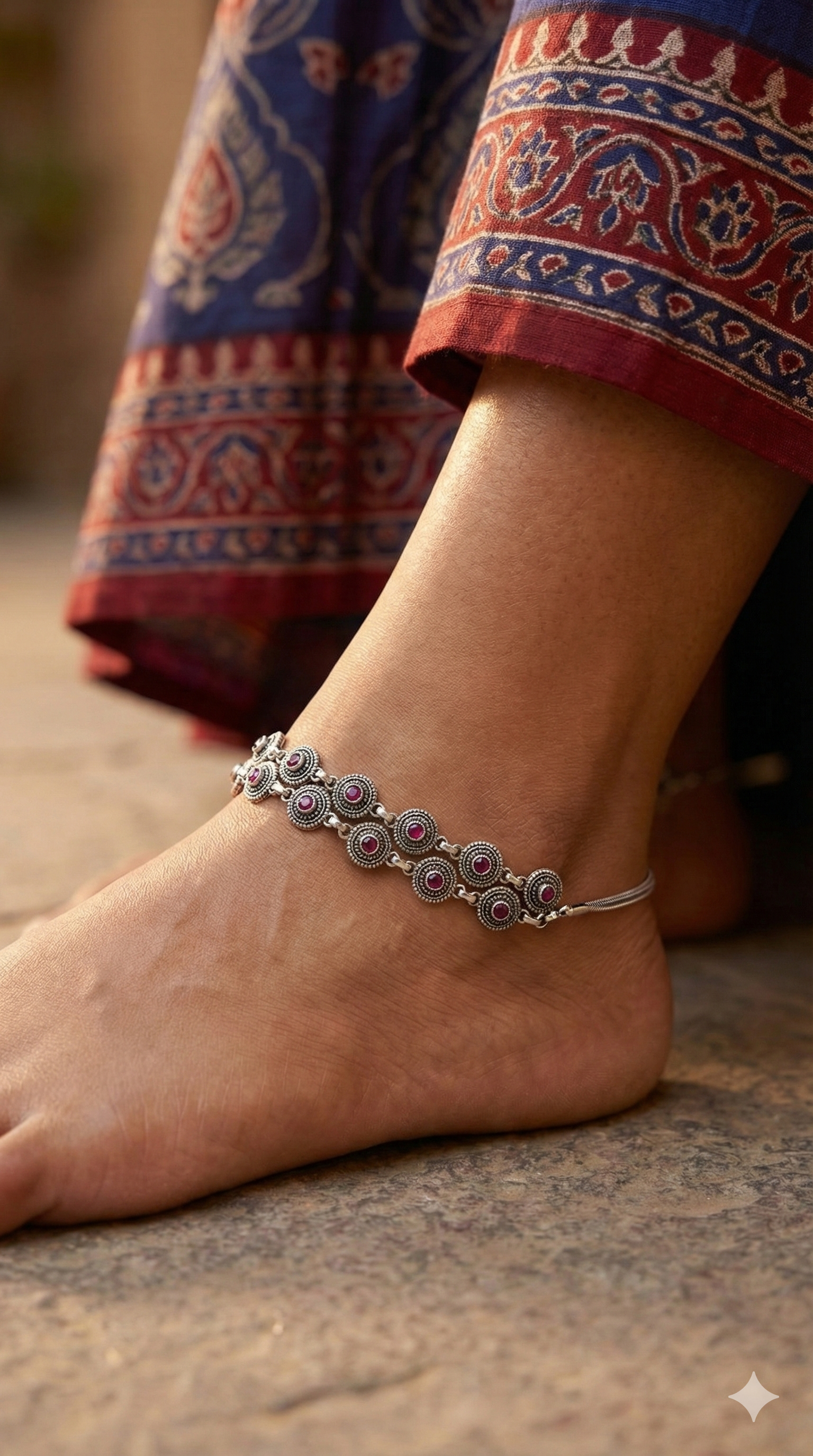 Oxidized Silver Ruby Circular Motif Anklet thumbnail 2
