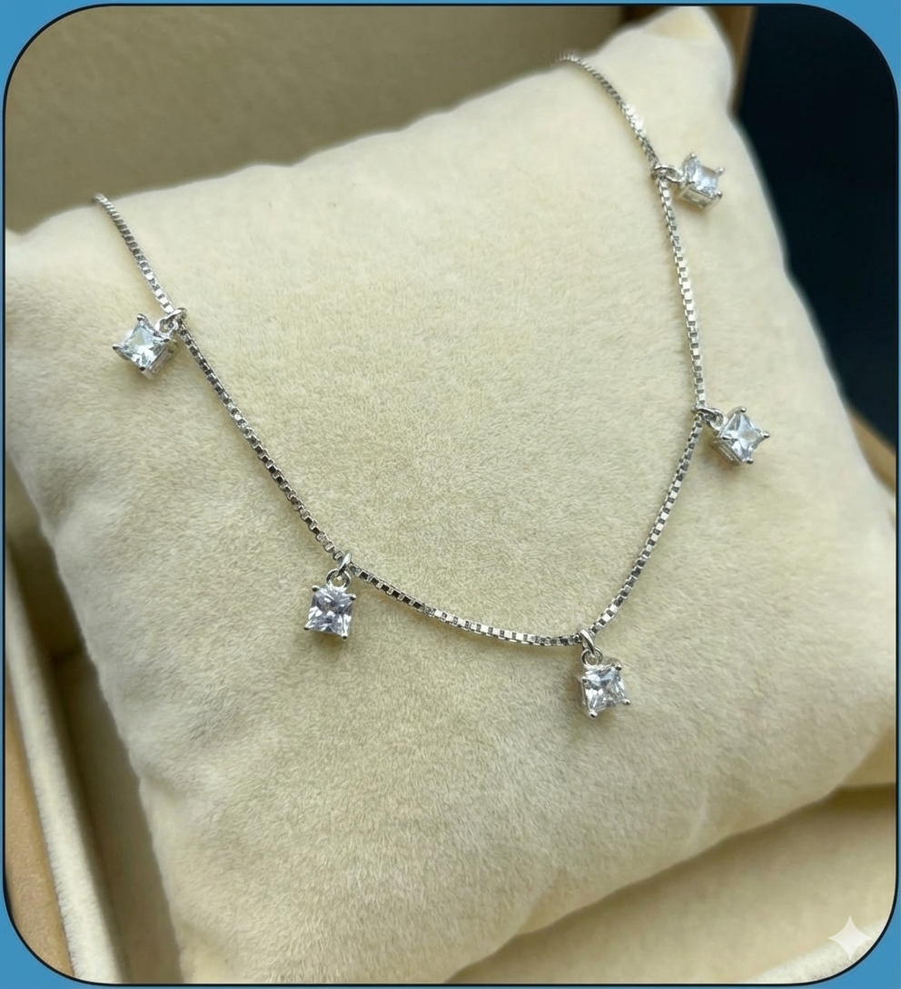 Princess Cut Zircon Charm Silver Anklet