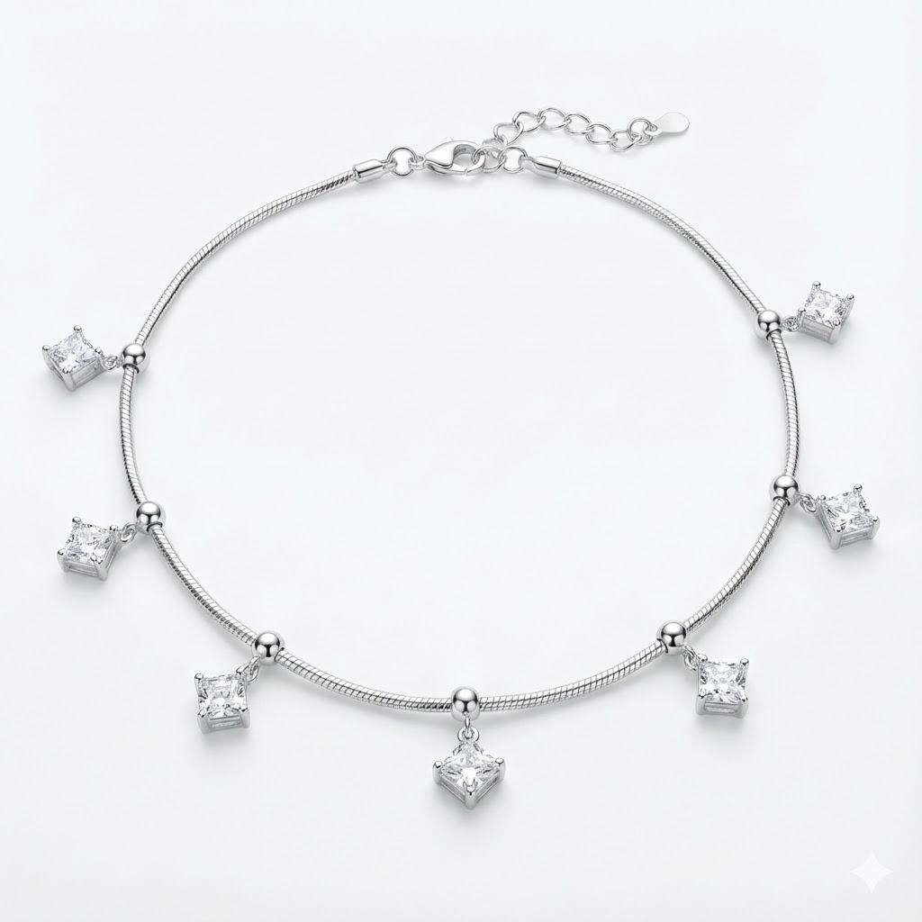 Princess Cut Zircon Silver Snake Chain Anklet thumbnail 2