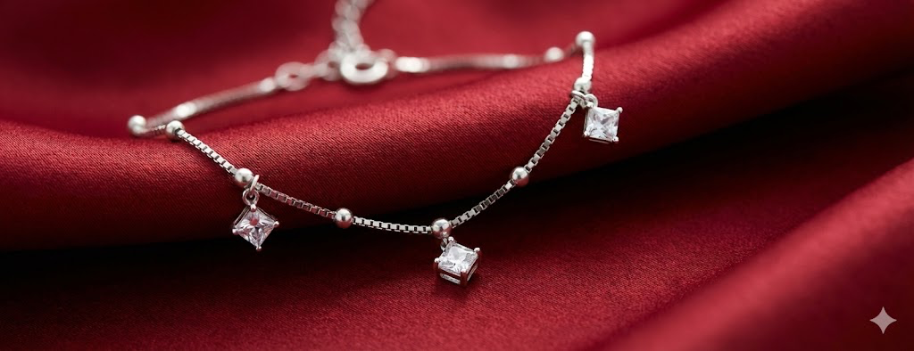 Princess Cut Zircon Silver Snake Chain Anklet thumbnail 1