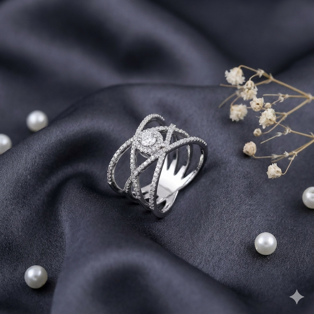 Silver Criss-Cross Solitaire Statement Ring thumbnail 2