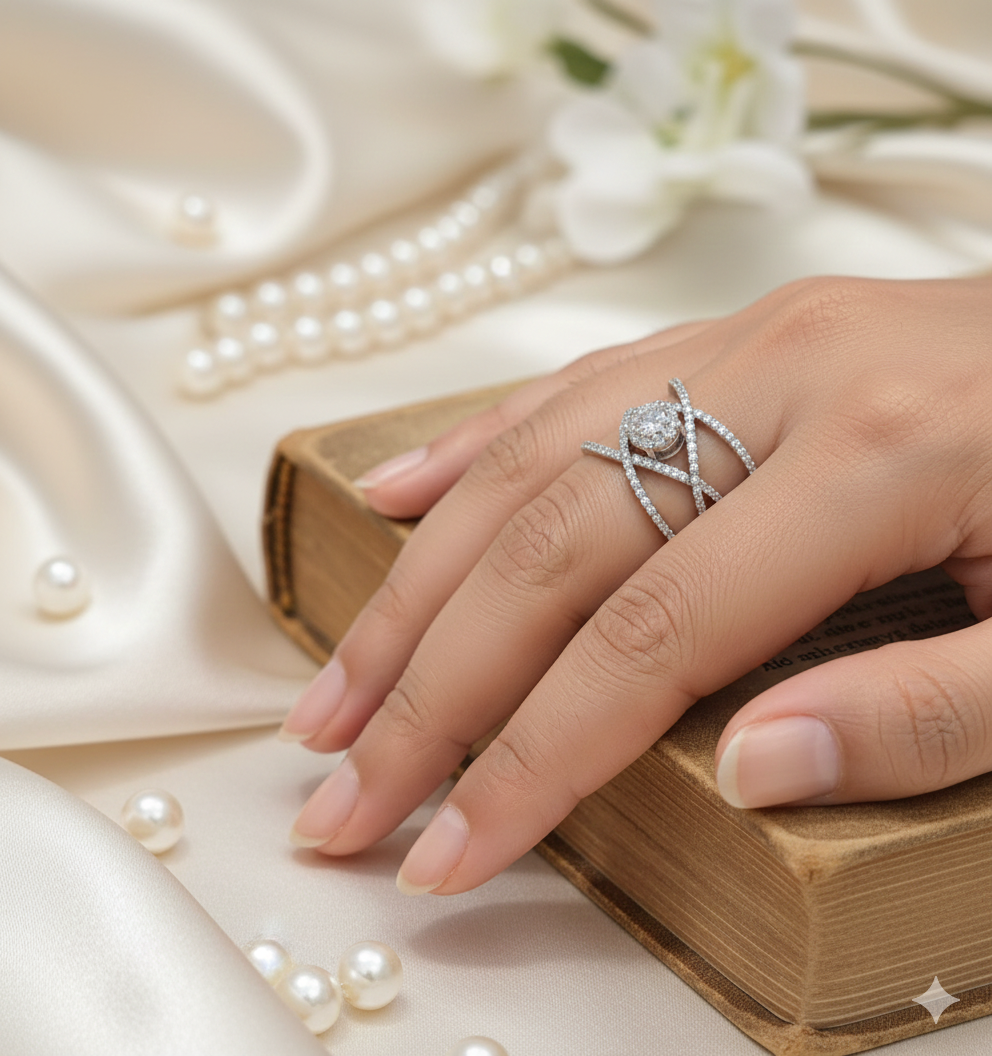 Silver Criss-Cross Solitaire Statement Ring image 1