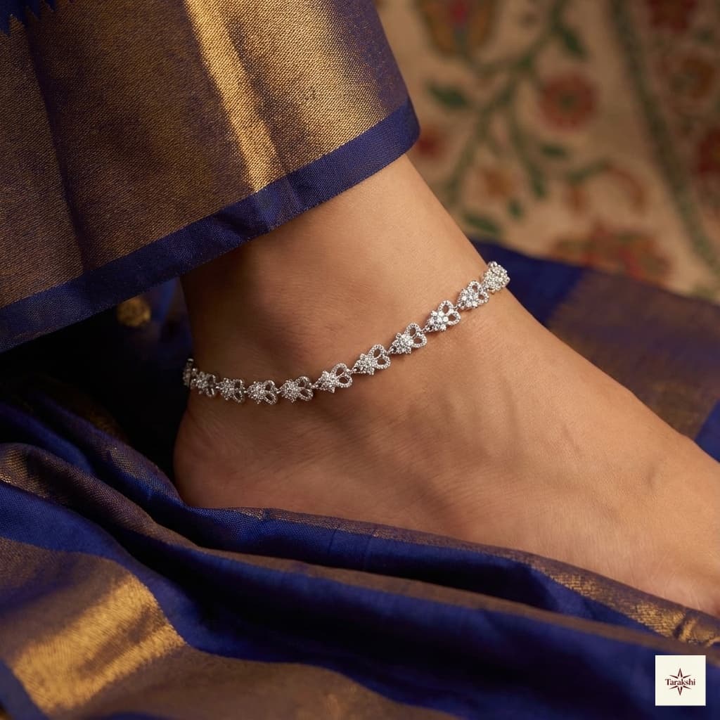 Silver Diamond-Look Floral Cluster Tennis Anklet image 1