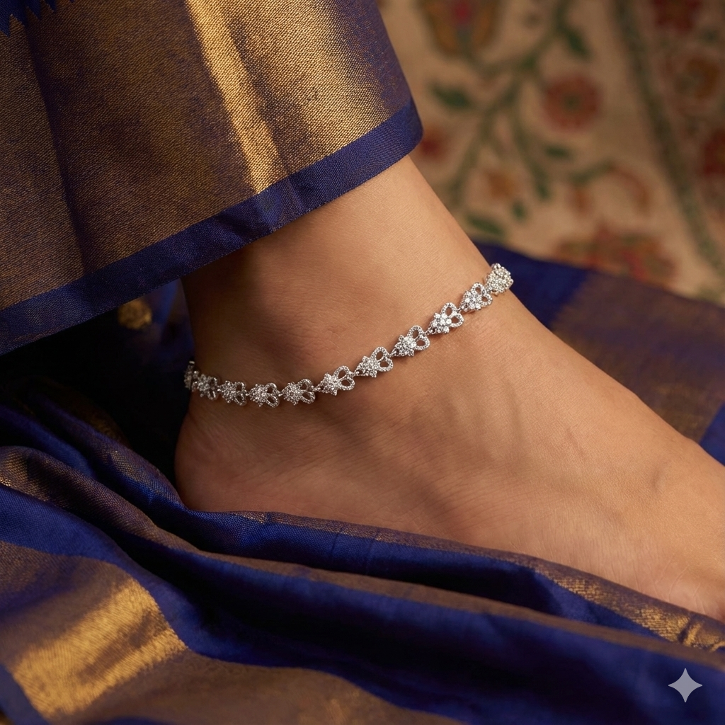 Silver Diamond-Look Floral Cluster Tennis Anklet