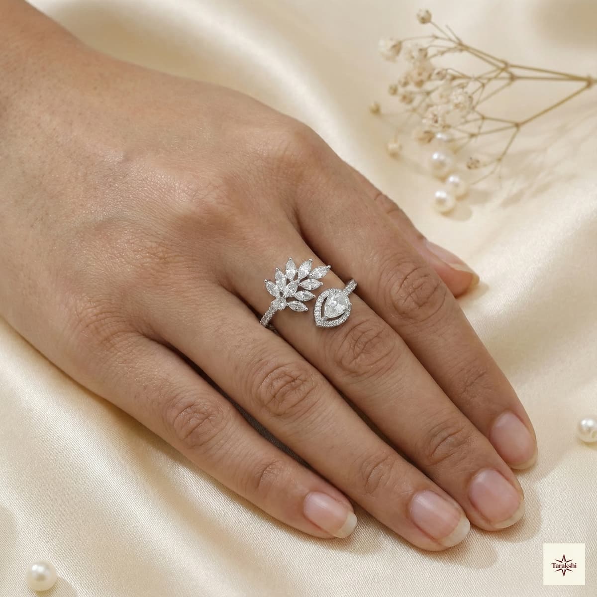 Silver Floral & Pear Adjustable Open Ring image 1