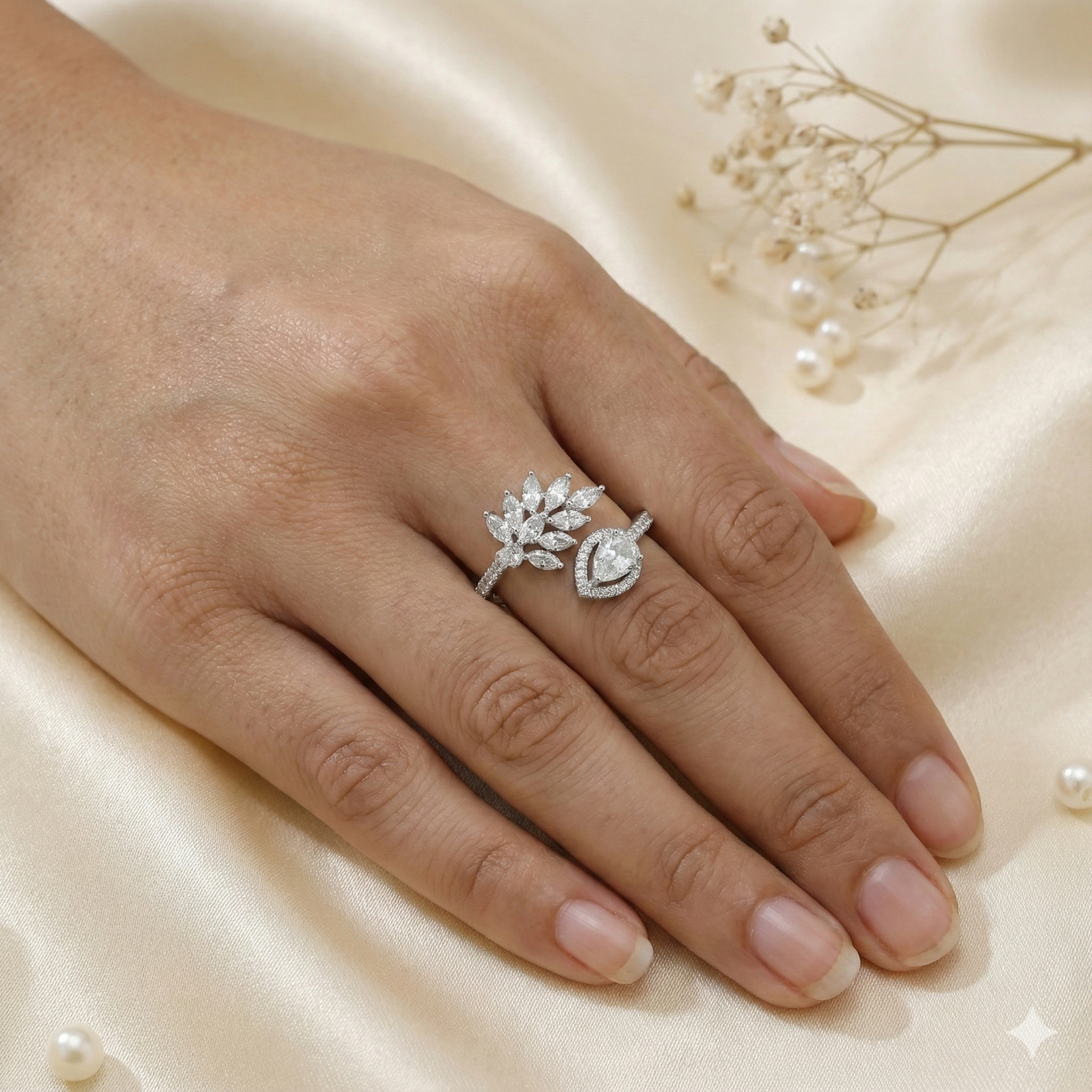 Silver Floral & Pear Adjustable Open Ring thumbnail 1