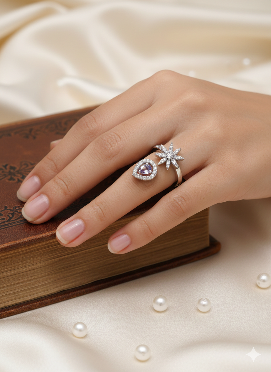 Silver Starburst & Pear Open Ring thumbnail 2